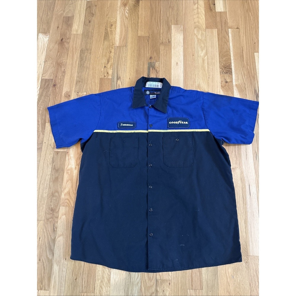 Goodyear Mechanic Shirt Mens 17.5 Blue Black Work Shirt‎ UniFirst Terrance